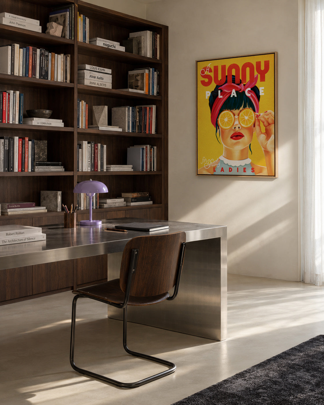 A Sunny Place For Shady Ladies Orange Pinup Art - Framed canvas in an interior