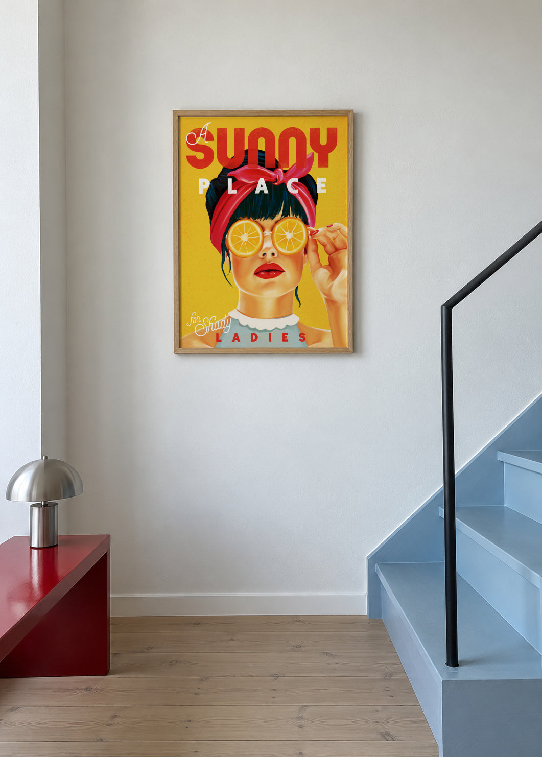 A Sunny Place For Shady Ladies Orange Pinup Art - Framed poster in an interior
