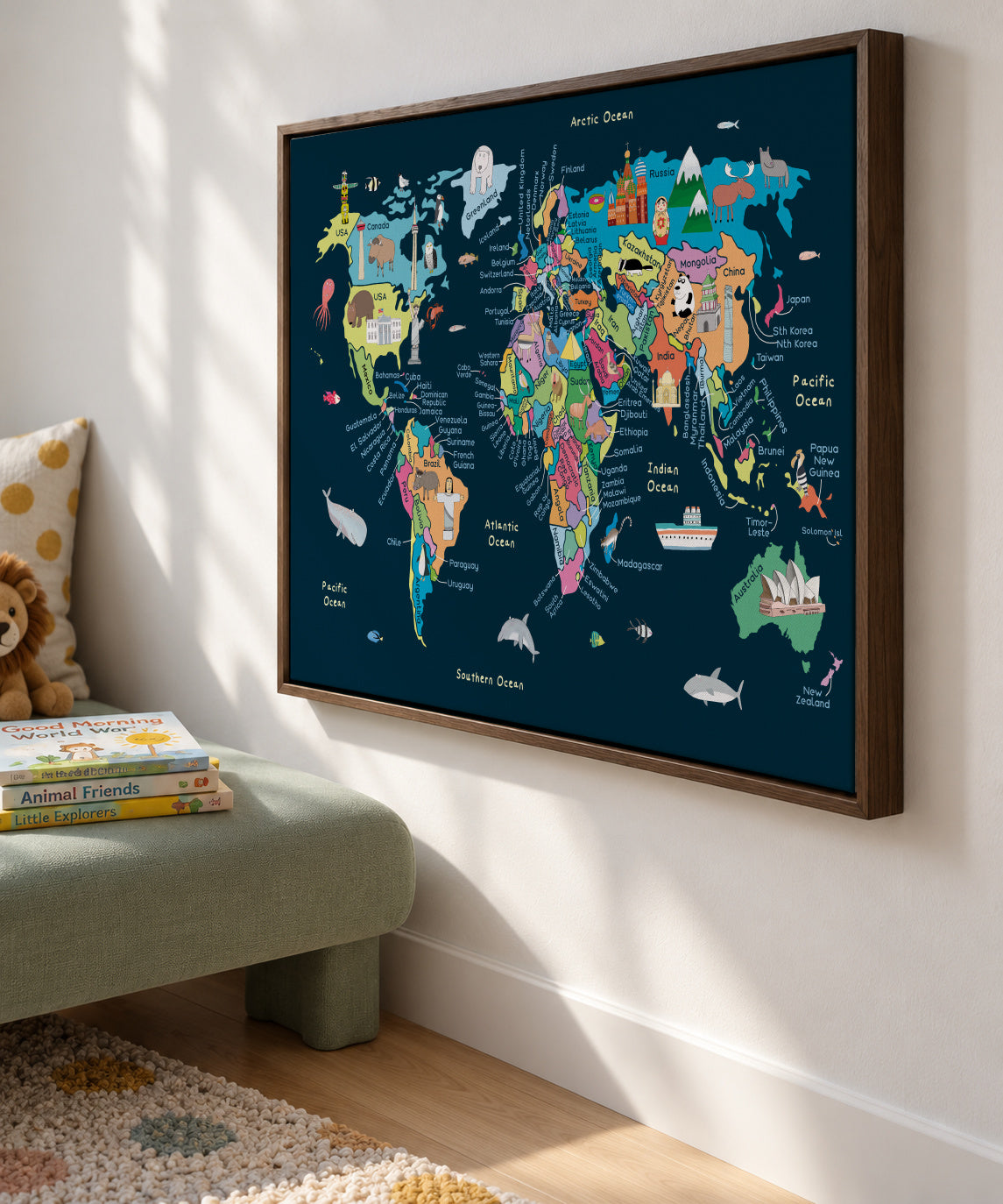 Educational Illustrated Map of the World for Kids - Framed canvas in an interior