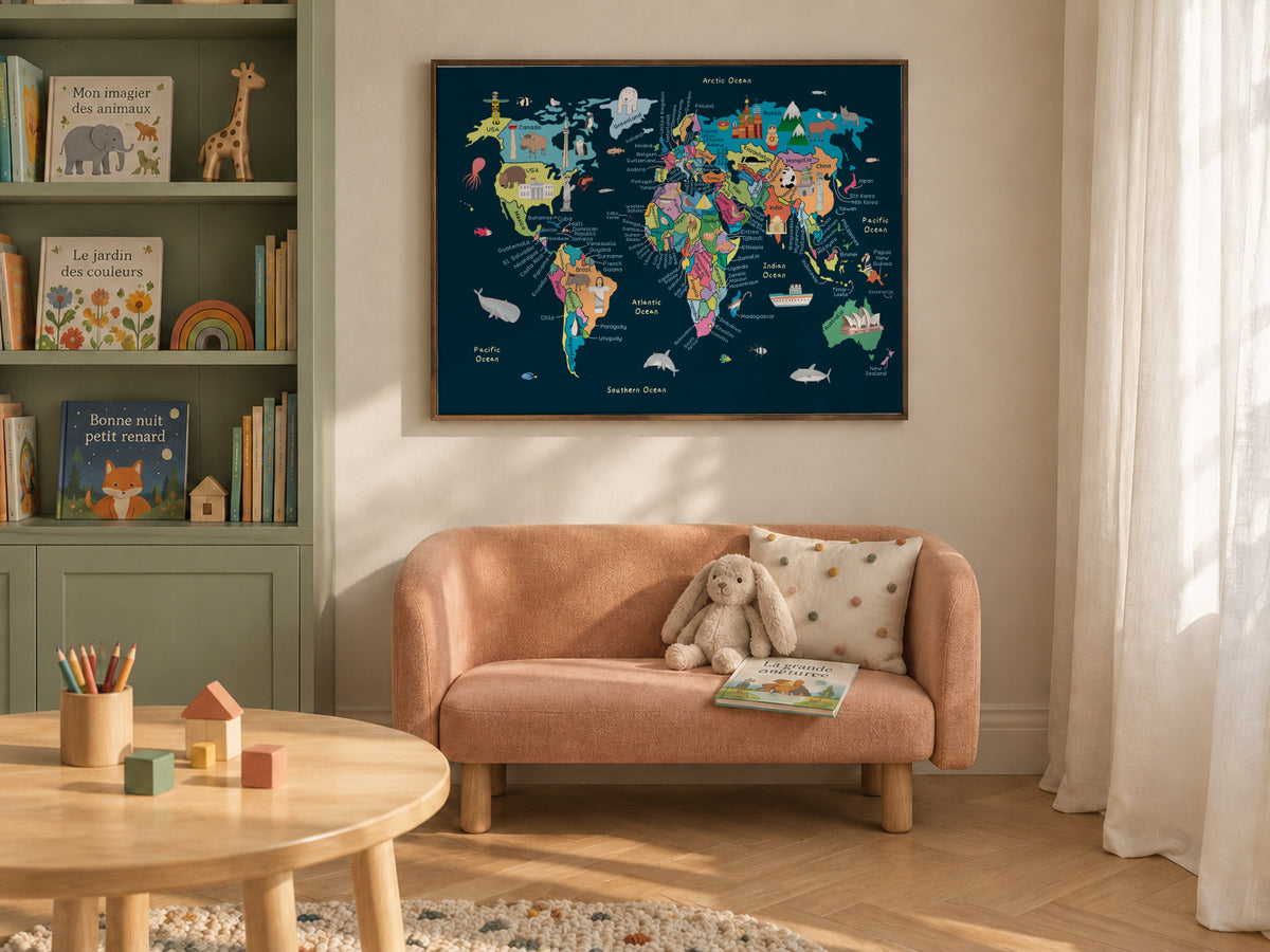 Educational Illustrated Map of the World for Kids - Framed canvas in an interior