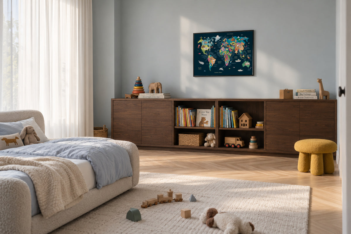 Educational Illustrated Map of the World for Kids - Framed poster in an interior