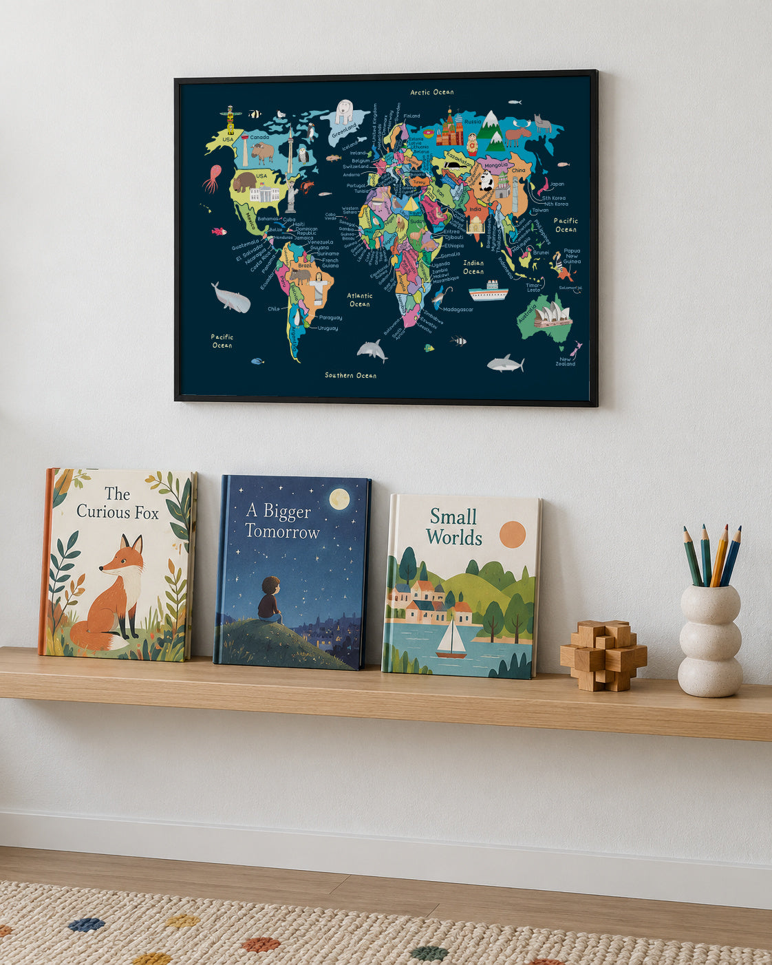 Educational Illustrated Map of the World for Kids - Framed poster in an interior