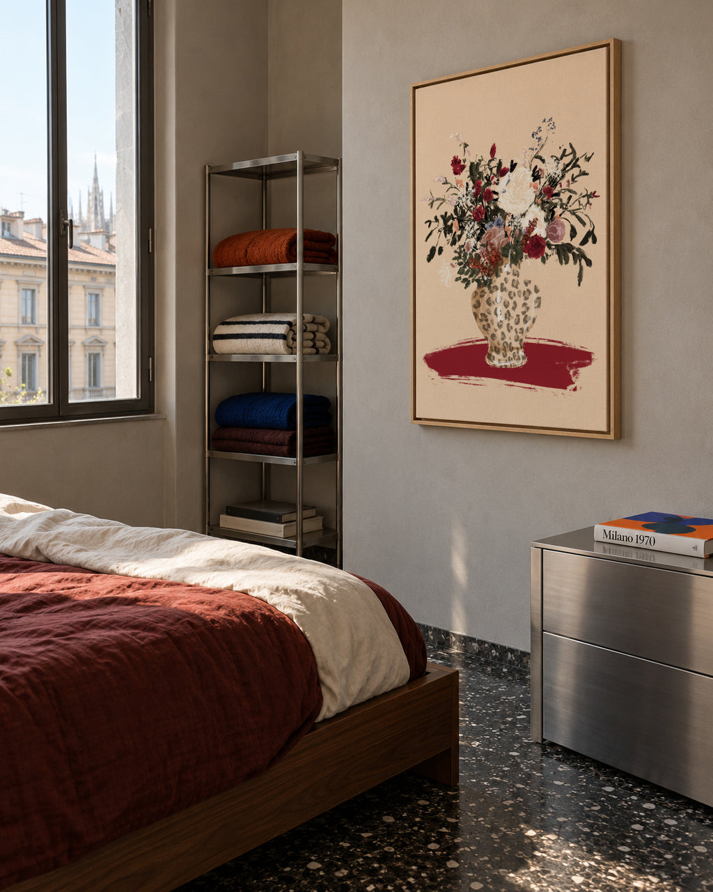 Flowers in a leopard vase - Framed canvas in an interior