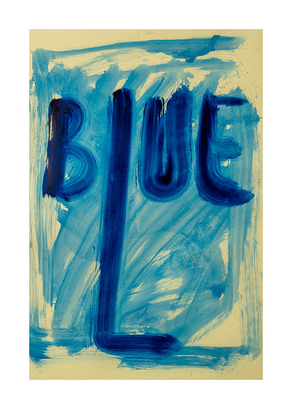 Cuadro abstracto con tipografía azul pintada a mano