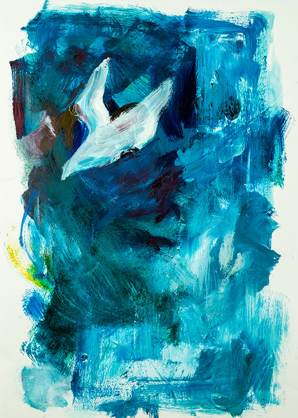 Cuadro abstracto azul con figura aérea