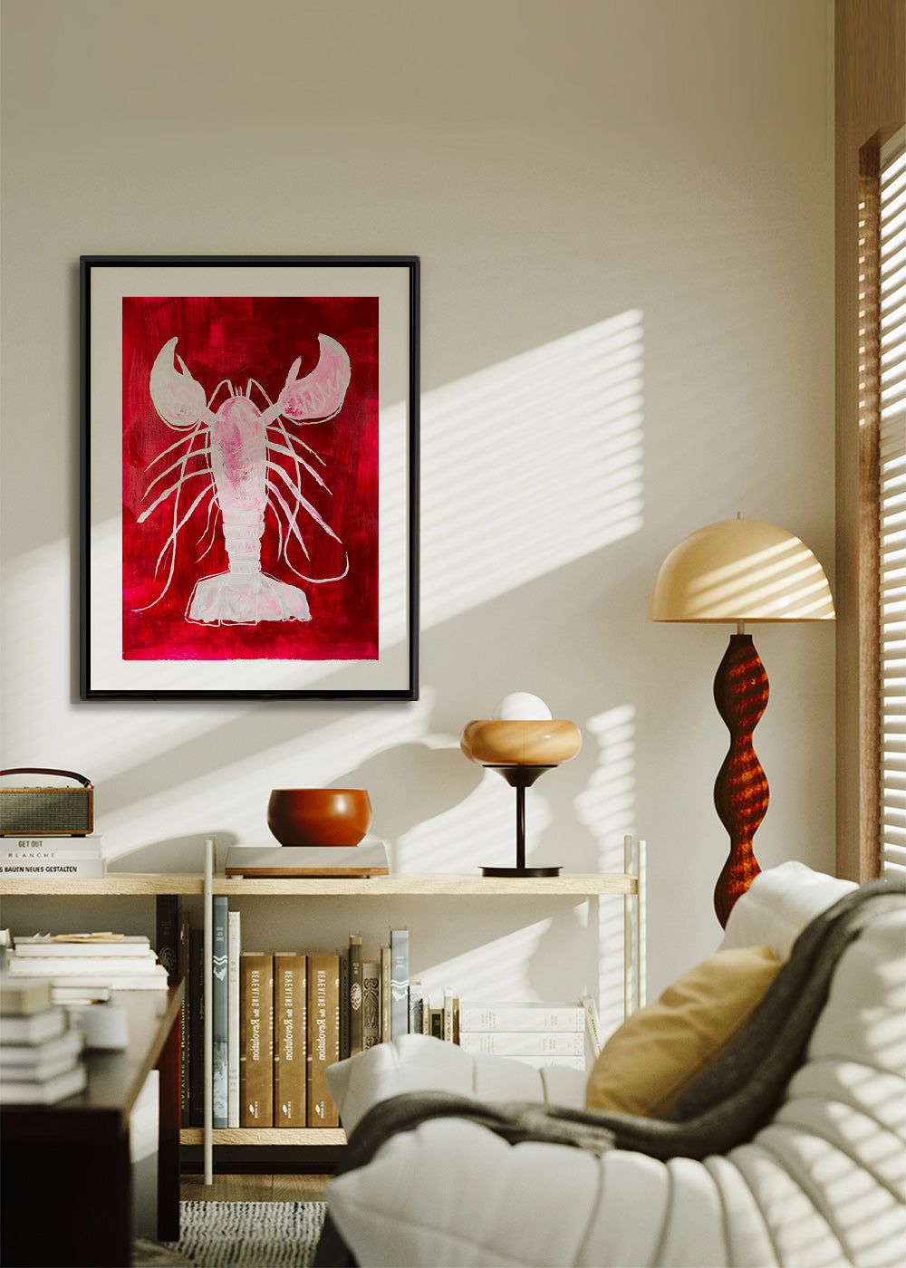 Cuadro de cocina: langosta blanca sobre fondo rojo – Canvas1