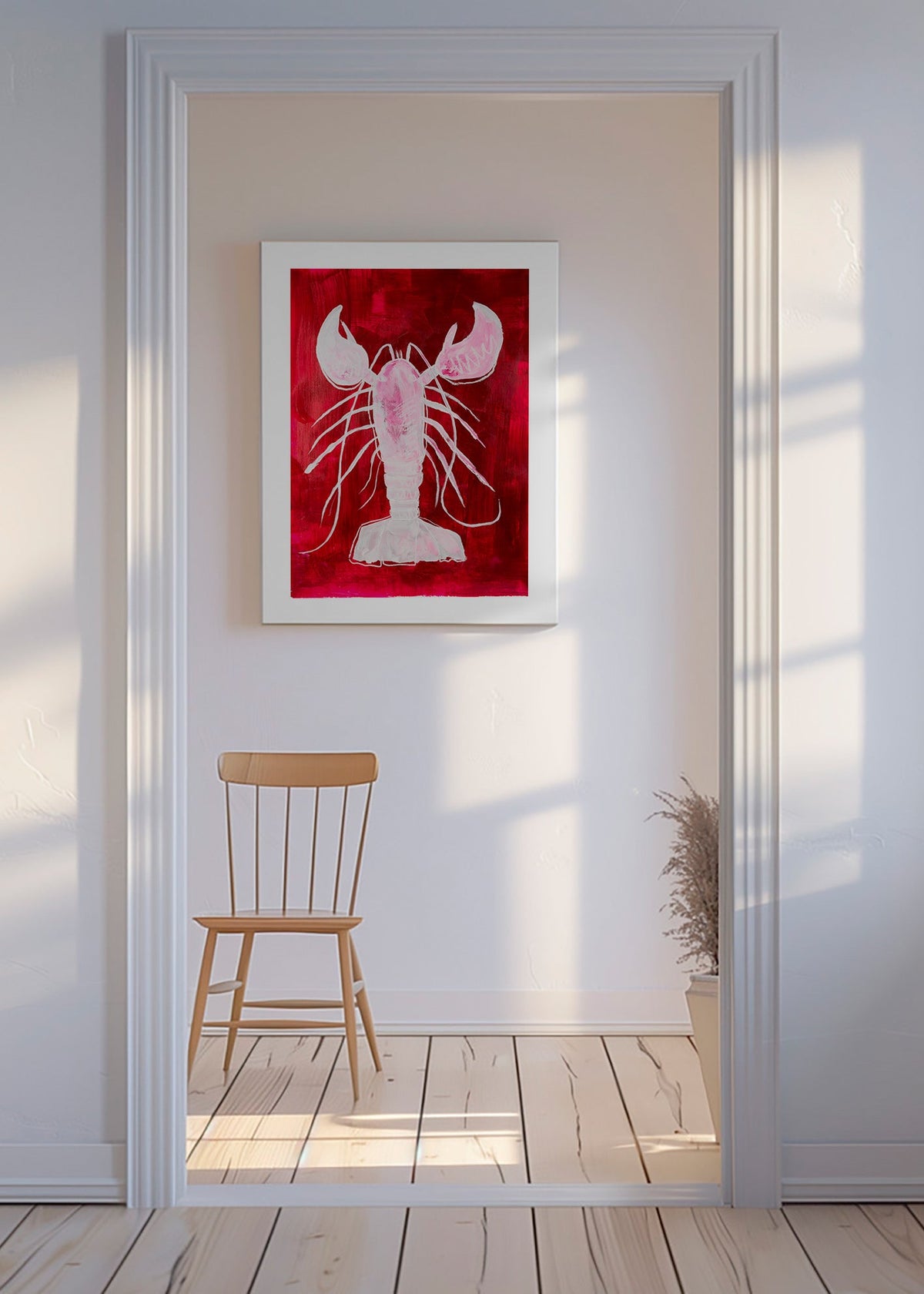Cuadro de cocina: langosta blanca sobre fondo rojo – Canvas