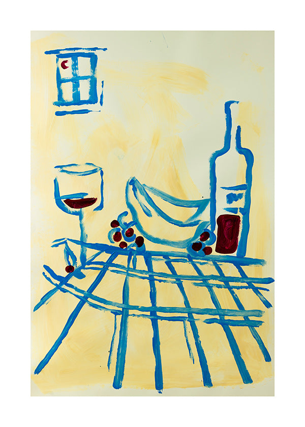 Cuadro de cocina con bodegón azul y plátanos