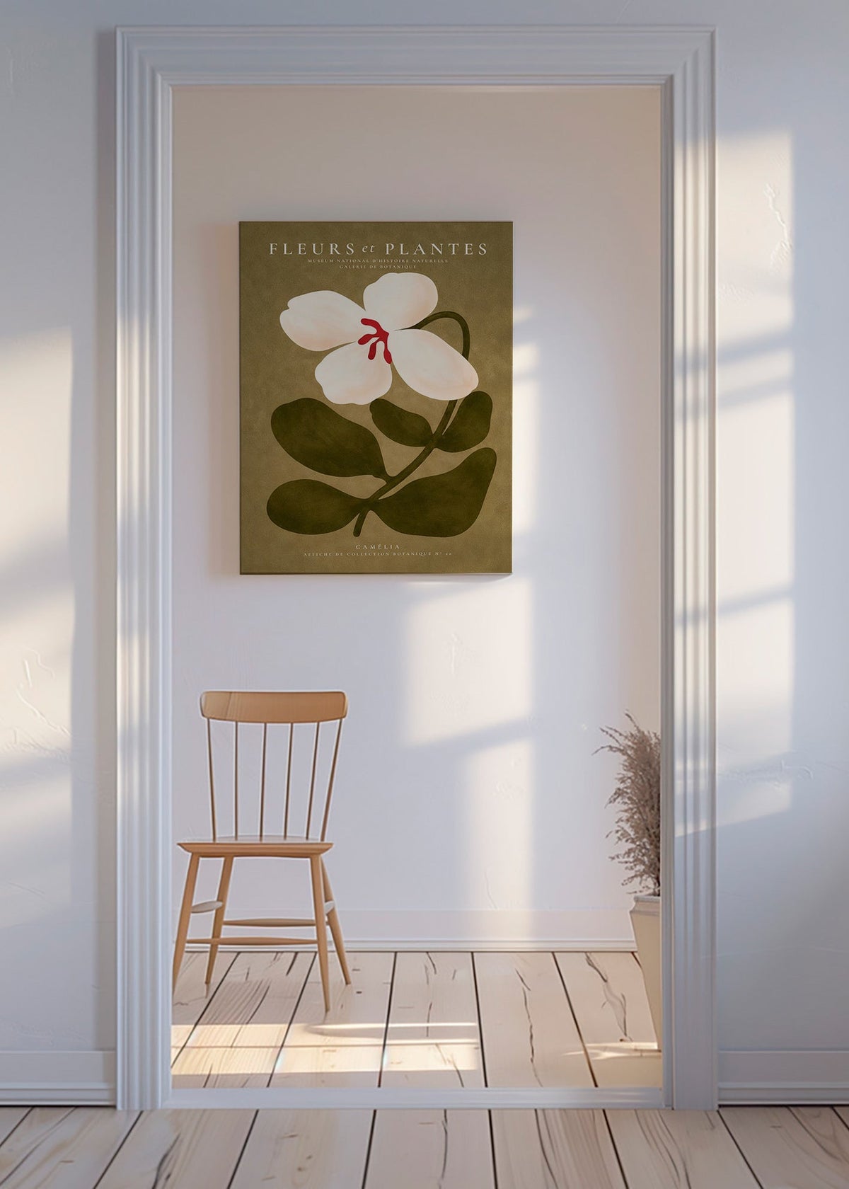 Lámina botánica: camelia blanca sobre fondo oliva – Canvas