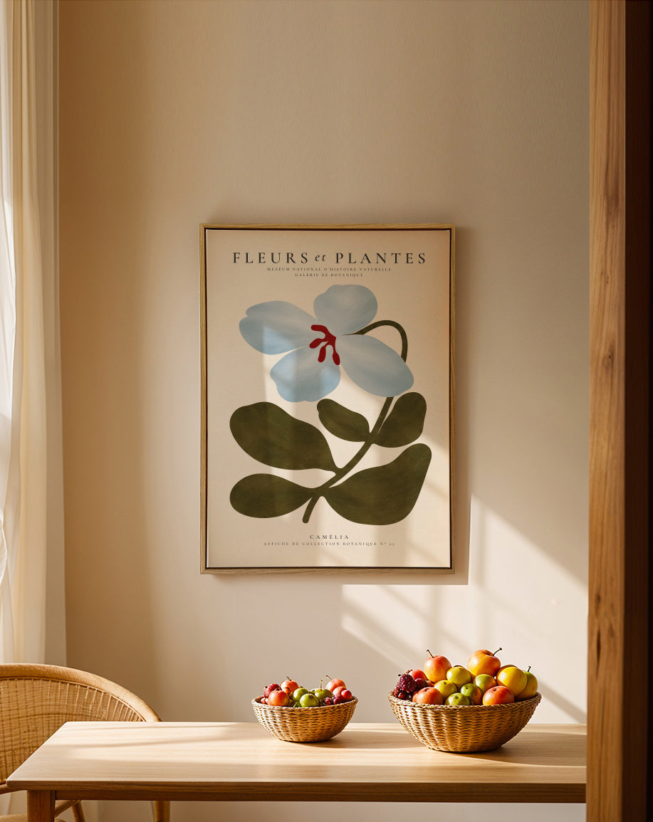 Blue Camellia - Framed canvas in an interior