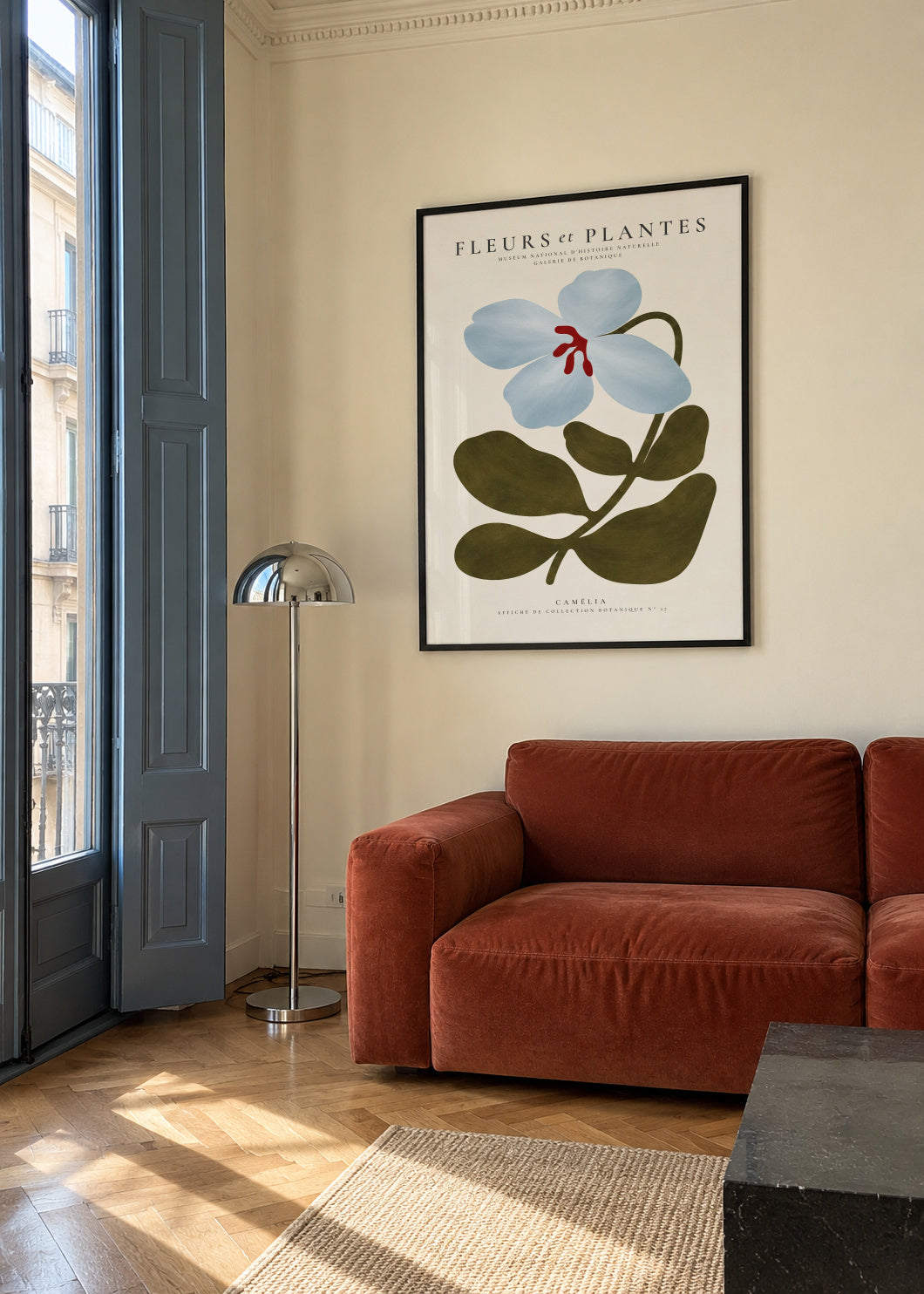 Blue Camellia - Framed poster in an interior