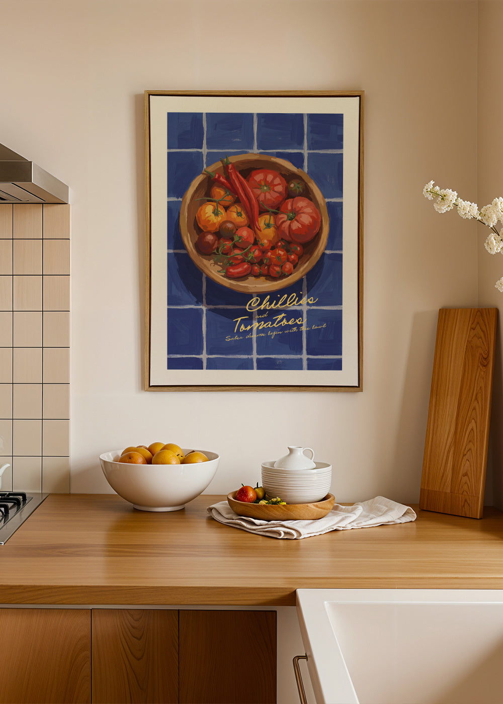 Chillies and Tomatoes - Framed canvas in an interior