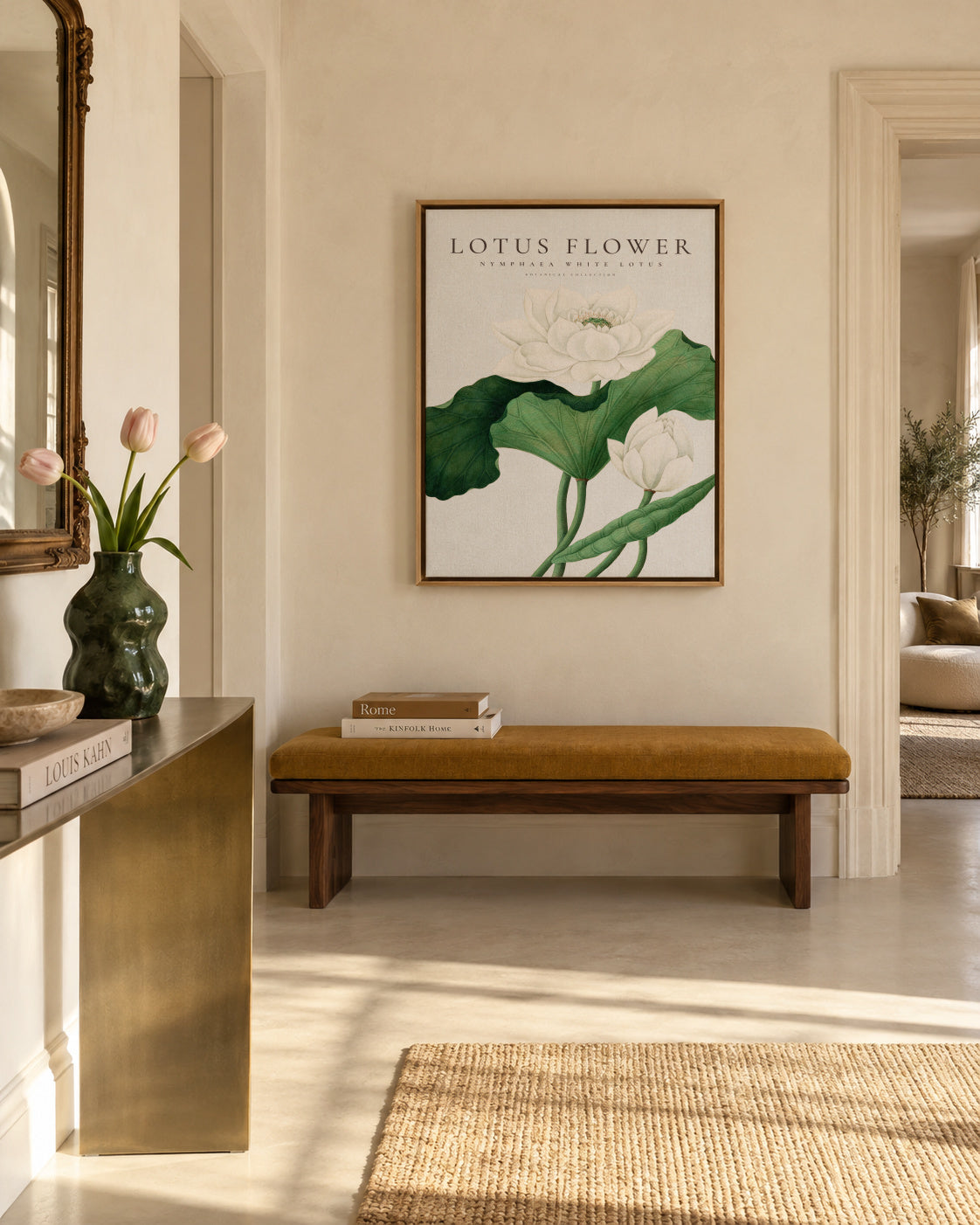 White Lotus Flower - Framed canvas in an interior