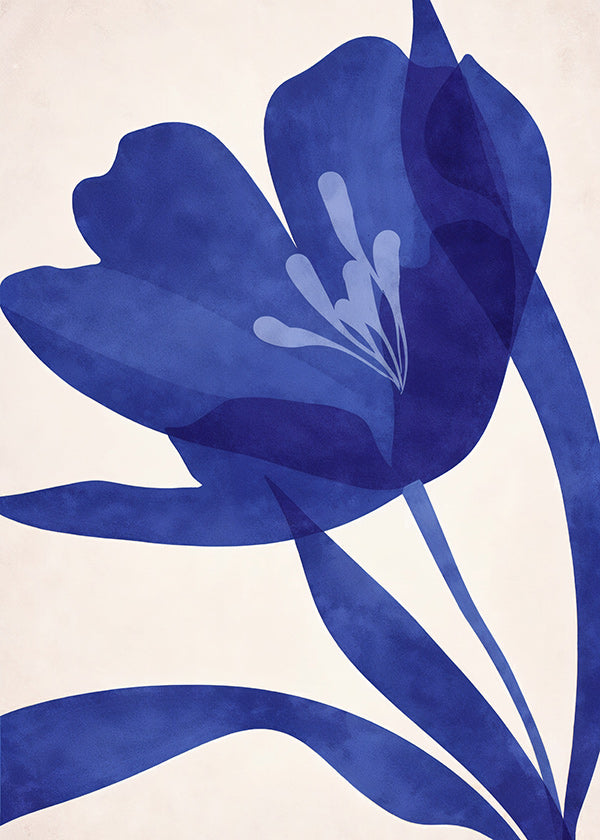 Lámina botánica azul con flor estilizada