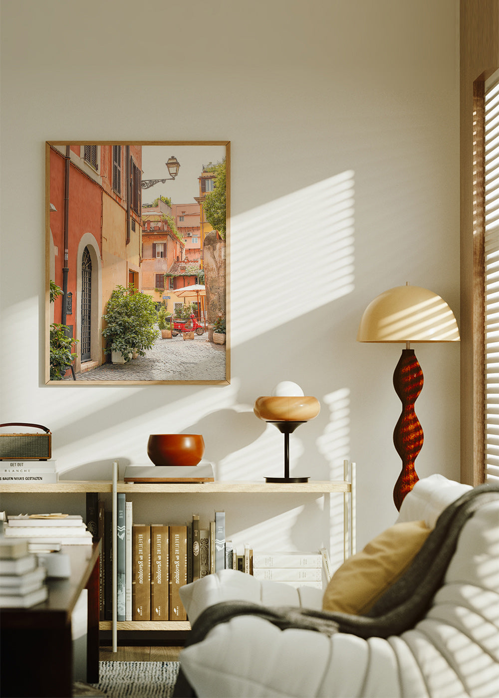 Cuadro de ciudades: calle de Trastevere con Vespa roja – Product1