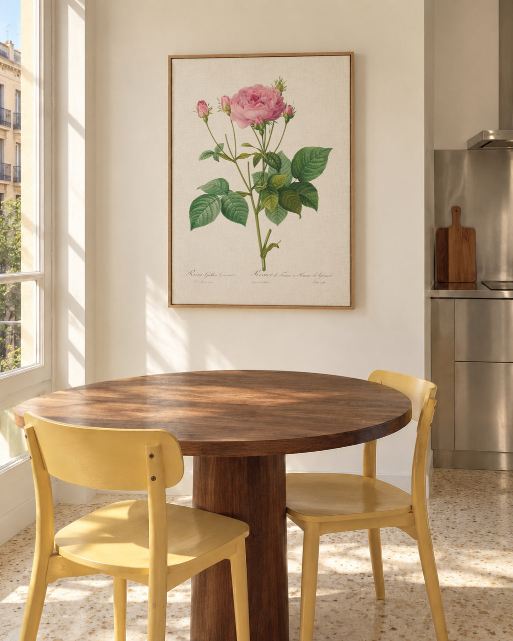 Rosa Gallica Granules - Framed canvas in an interior