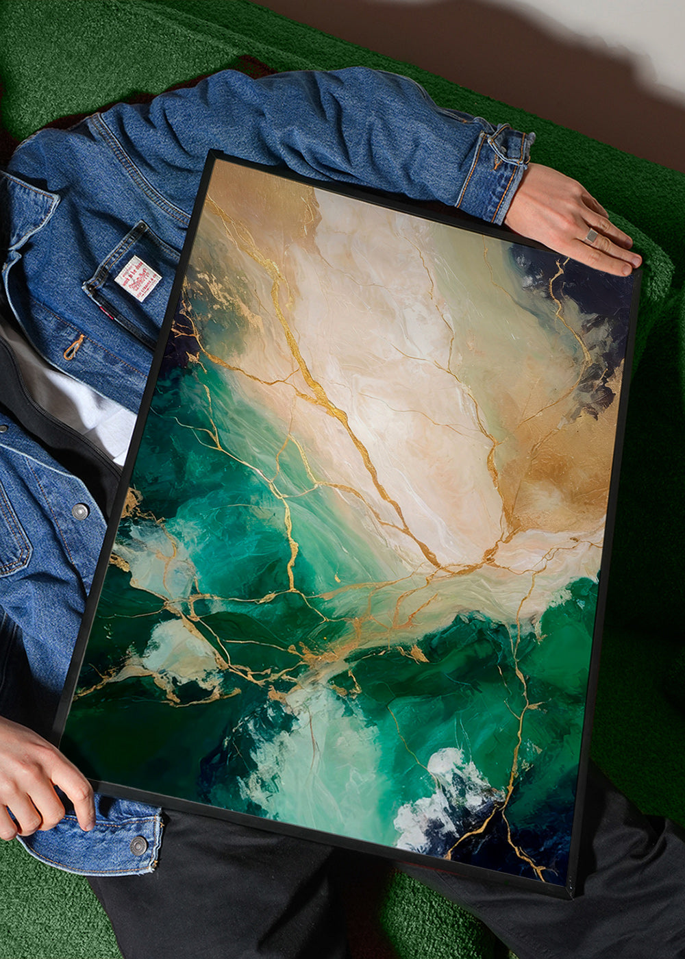 Cuadro abstracto en verde y dorado con vetas minerales – Product1