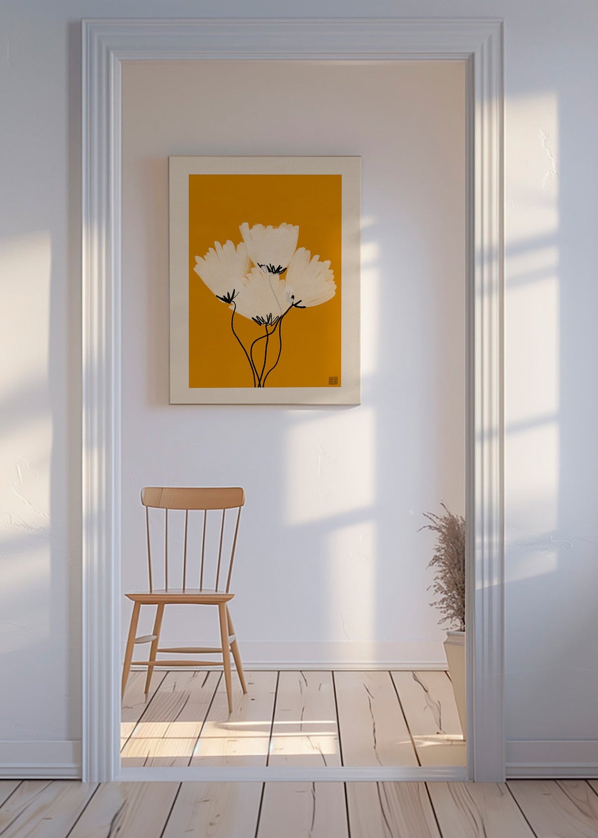 Lámina botánica: flores blancas sobre fondo ocre – Canvas