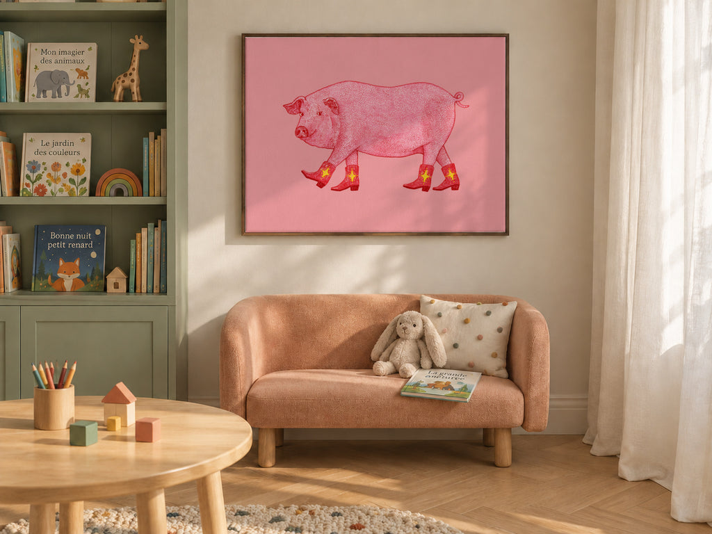 Marjorie the Cowgirl Pig - Framed canvas in an interior