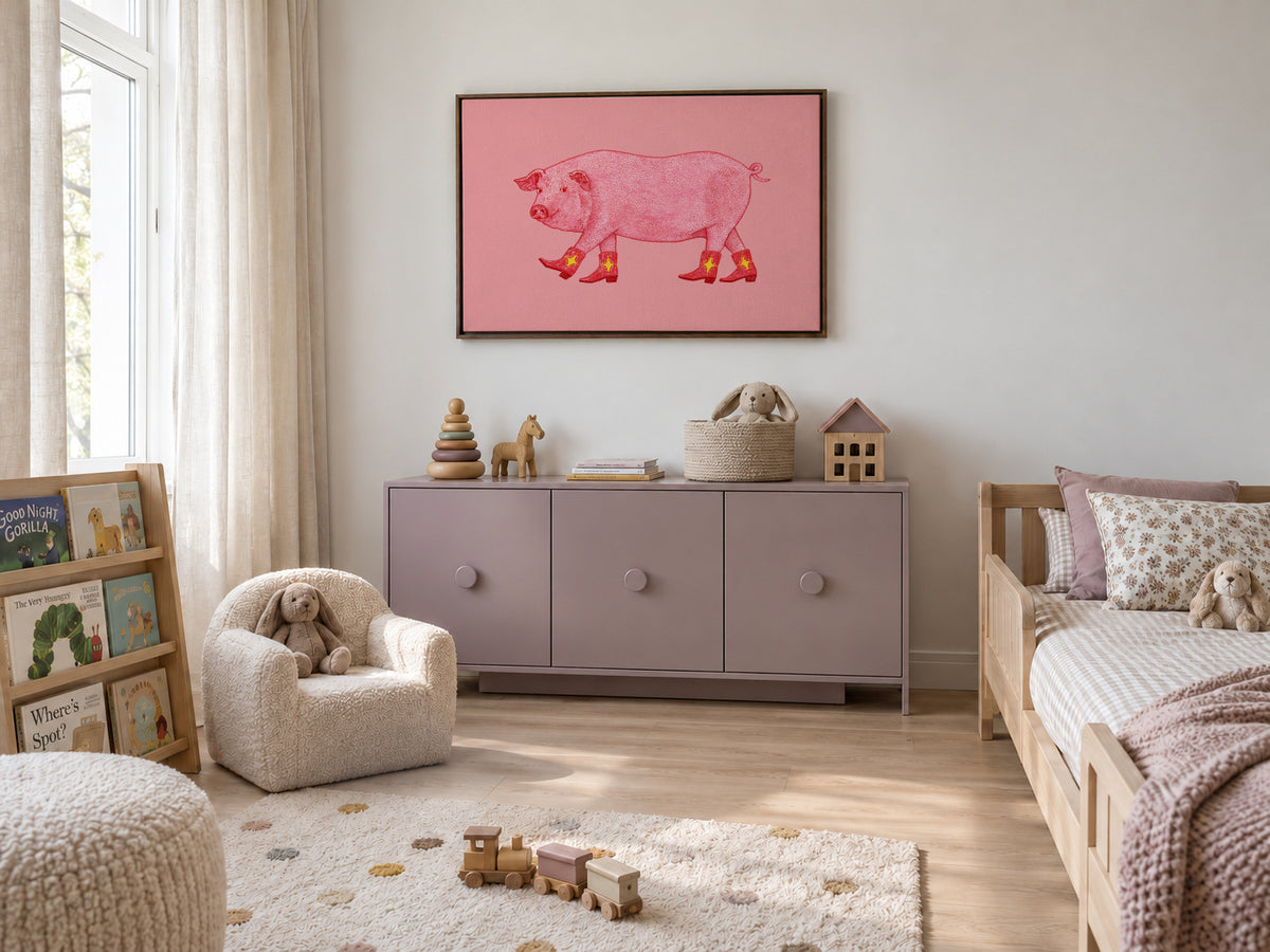 Marjorie the Cowgirl Pig - Framed canvas in an interior