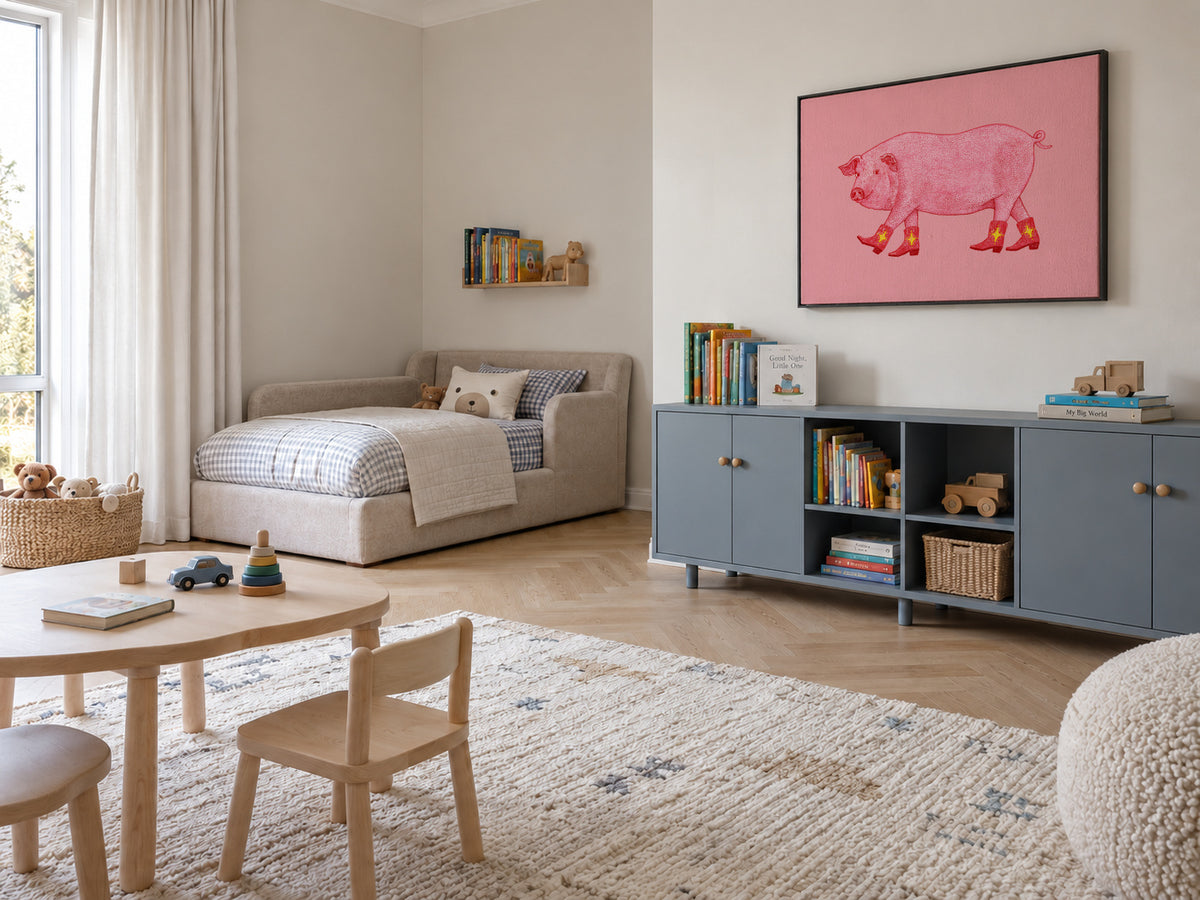 Marjorie the Cowgirl Pig - Framed canvas in an interior