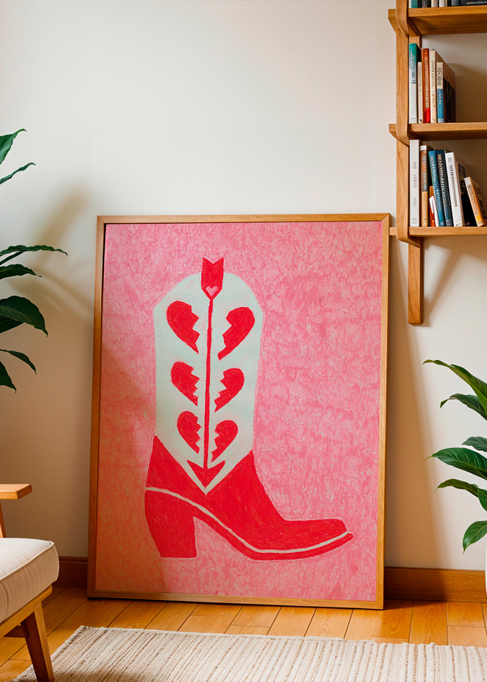 Ilustración de botín vaquero rojo con corazones rotos – Product2