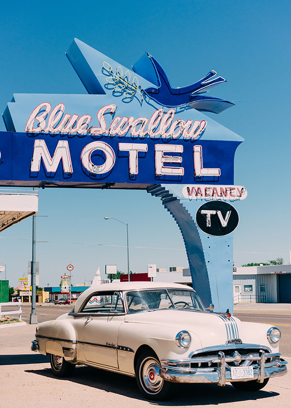 Cuadro vintage de motel y coche clásico