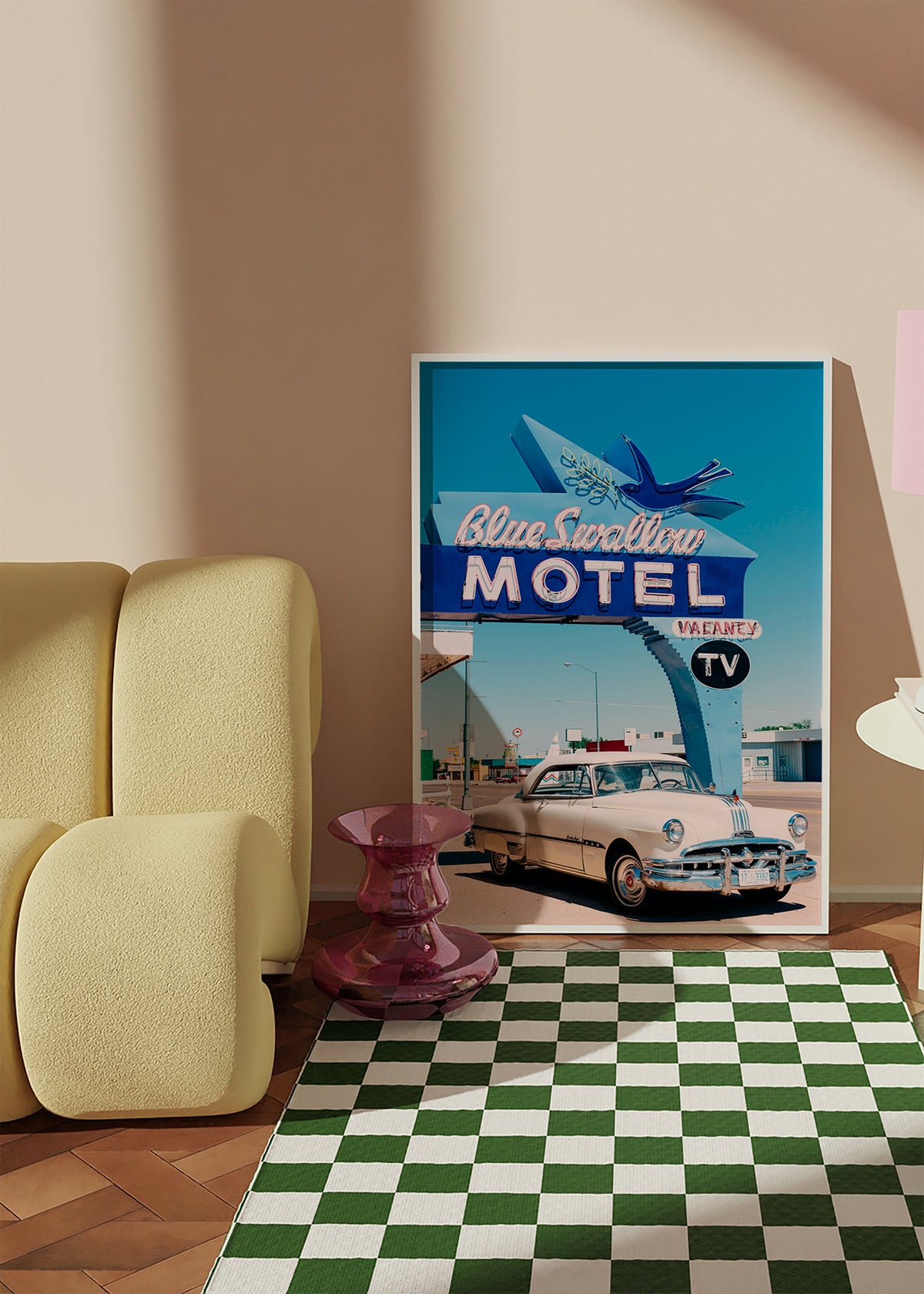 Cuadro vintage de motel y coche clásico – Product1