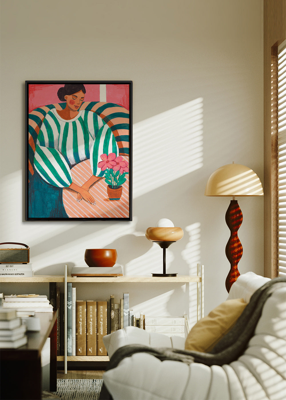 Ilustración de mujer en rayas con maceta – Canvas2