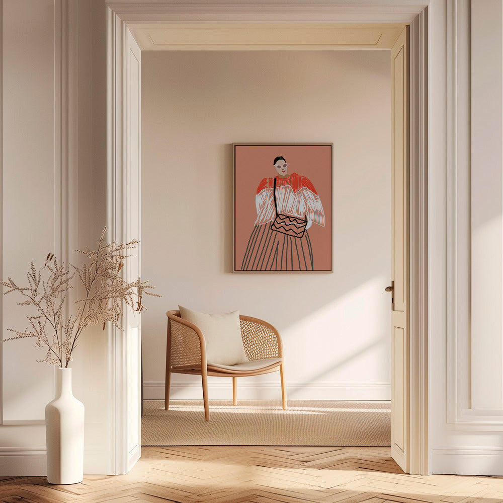 Ilustración de mujer con bolso coral – Canvas1