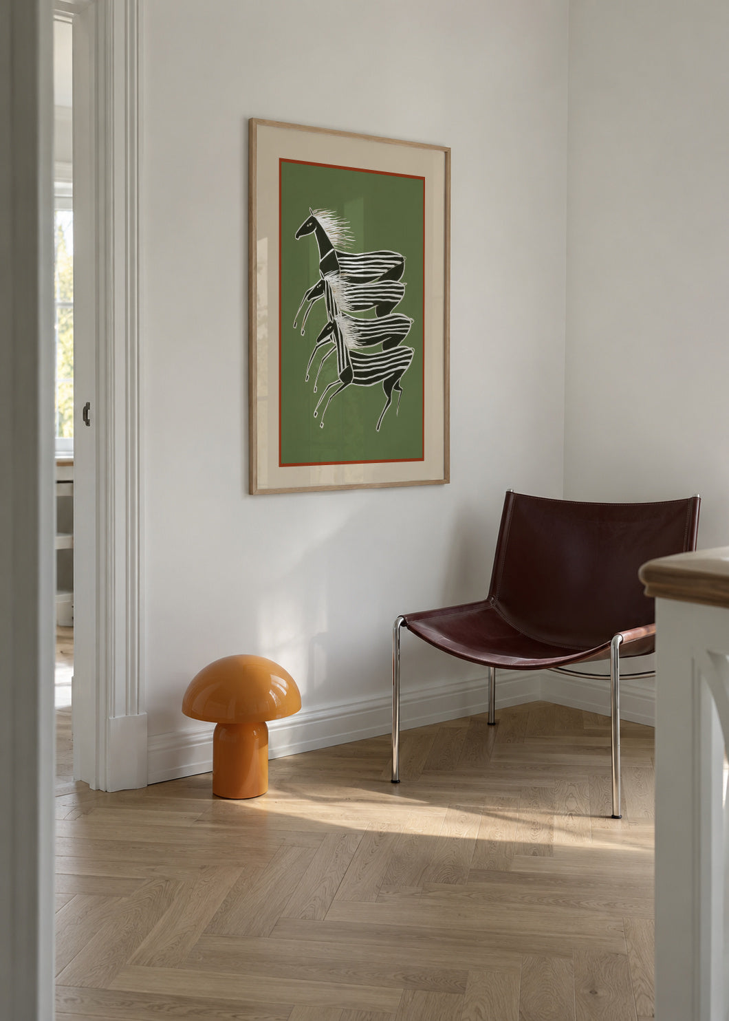 Horses In Stripes - Framed poster in an interior