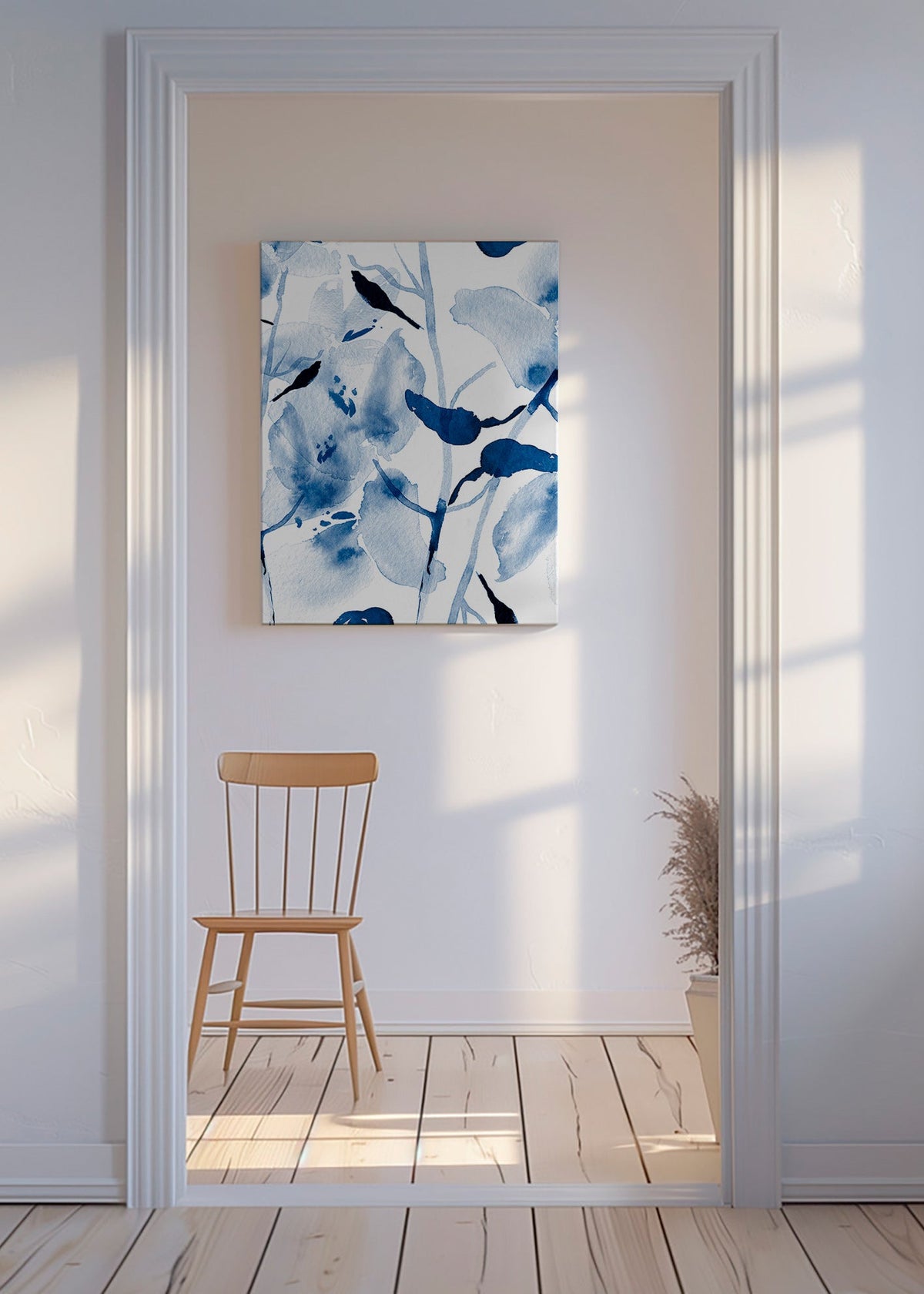 Lámina botánica en acuarela azul con aves – Canvas