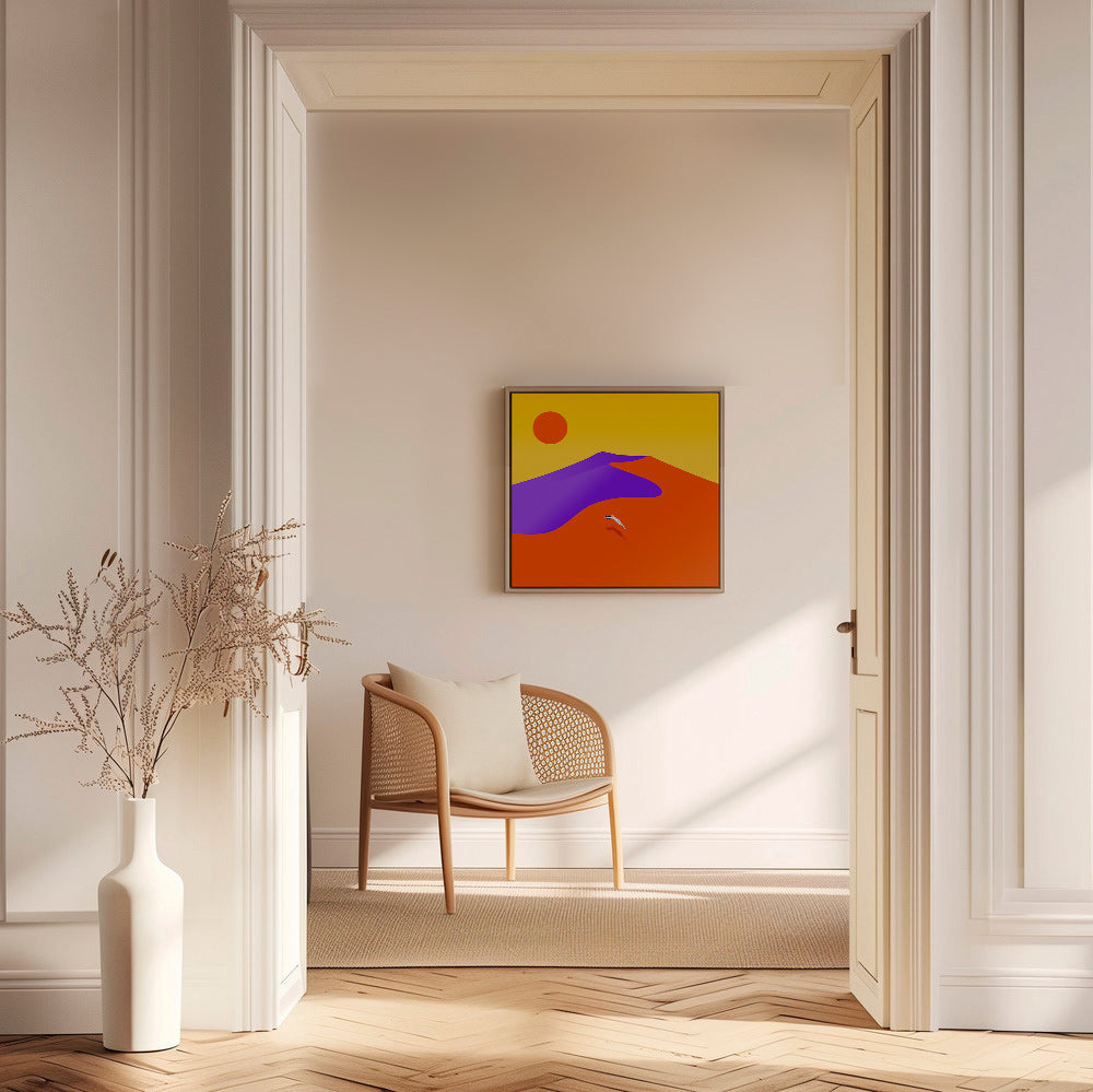 Cuadro abstracto con figura flotante y sol – Canvas2