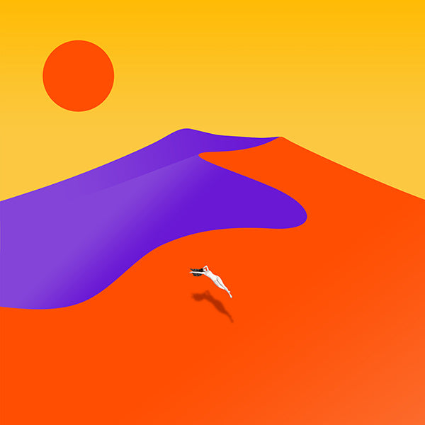 Cuadro abstracto con figura flotante y sol
