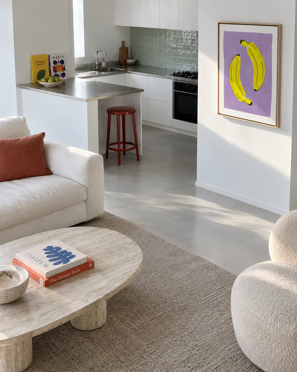 Two Vibrant Yellow Bananas - Framed canvas in an interior