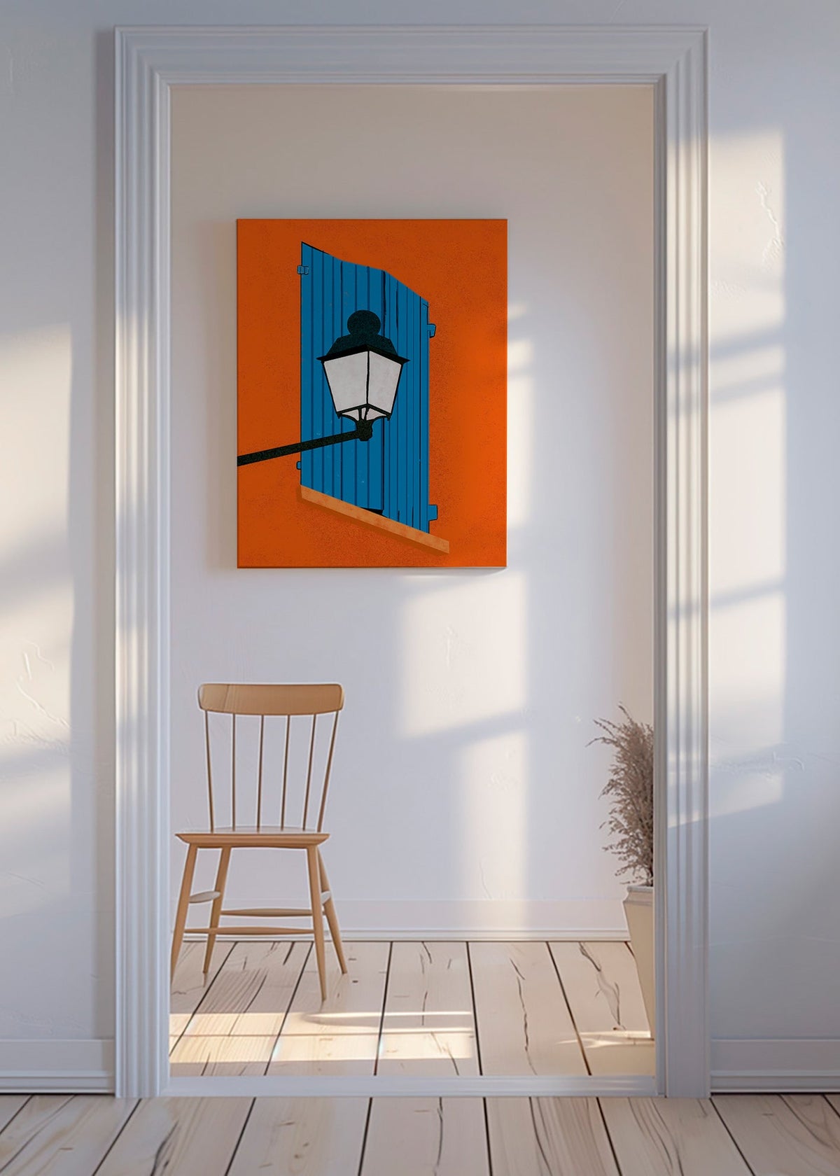 Ilustración de ventana y farol en persiana azul – Canvas