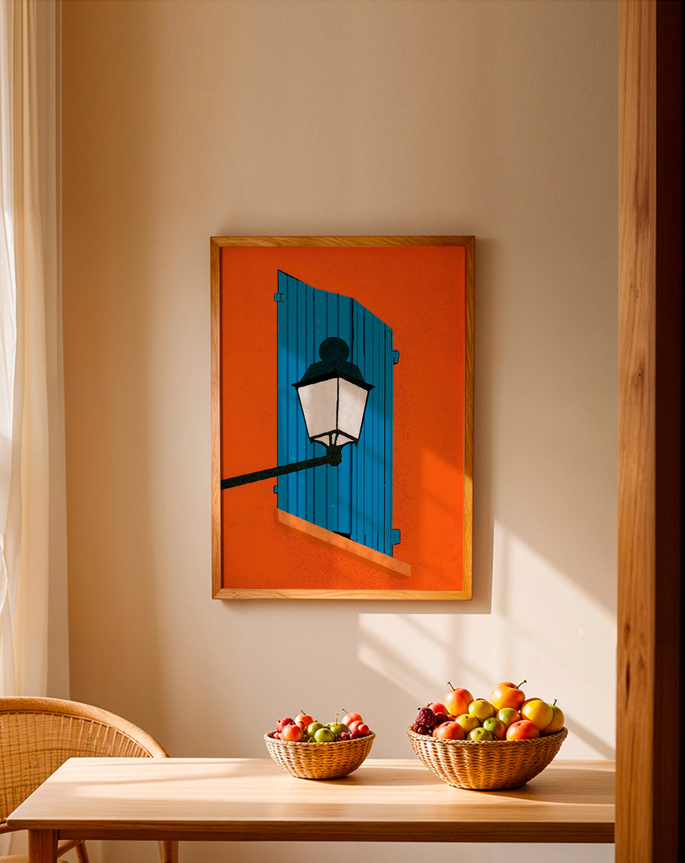 Ilustración de ventana y farol en persiana azul – Product2
