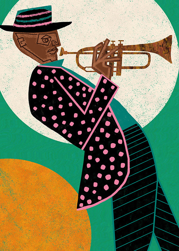 Ilustración músico de trompeta con luna