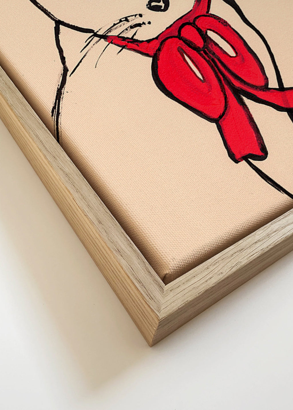 Cuadro gato con lazo rojo y trazo suelto – Canvas detail