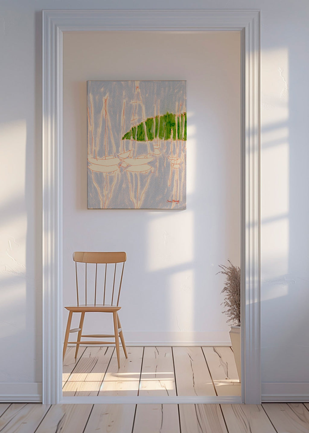 Cuadro de paisaje con veleros y colina verde – Canvas