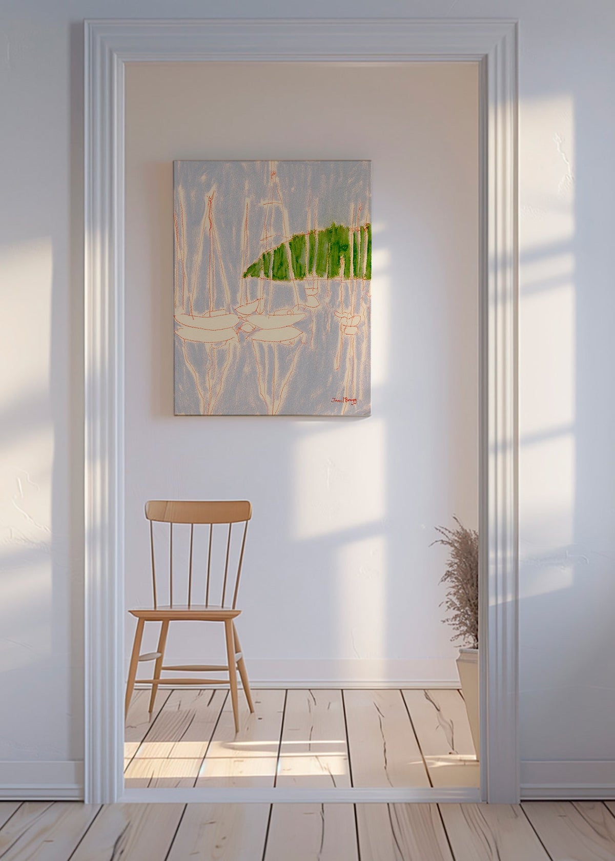 Cuadro de paisaje con veleros y colina verde – Canvas