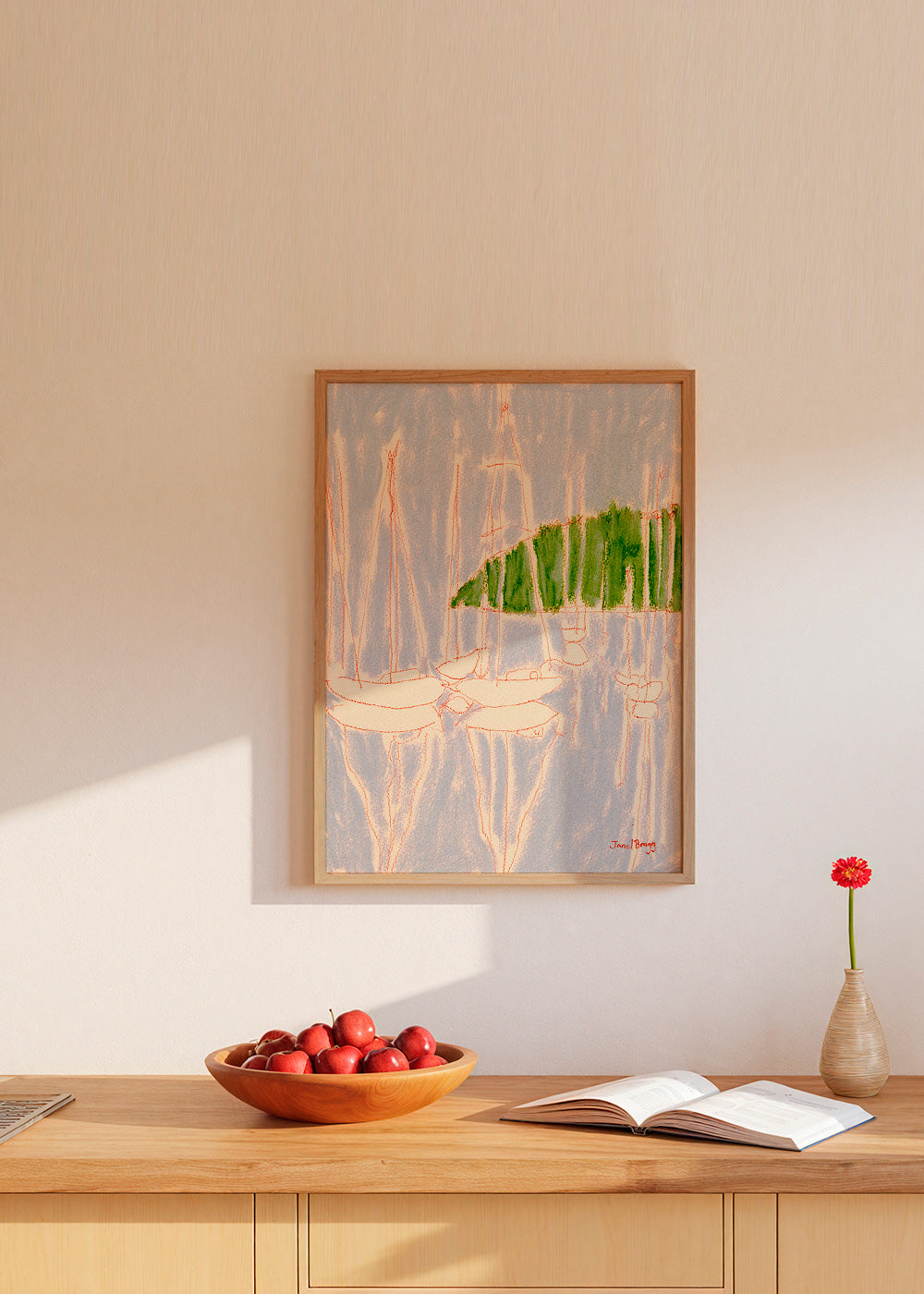 Cuadro de paisaje con veleros y colina verde – Product1