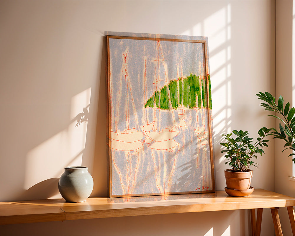 Cuadro de paisaje con veleros y colina verde – Product3