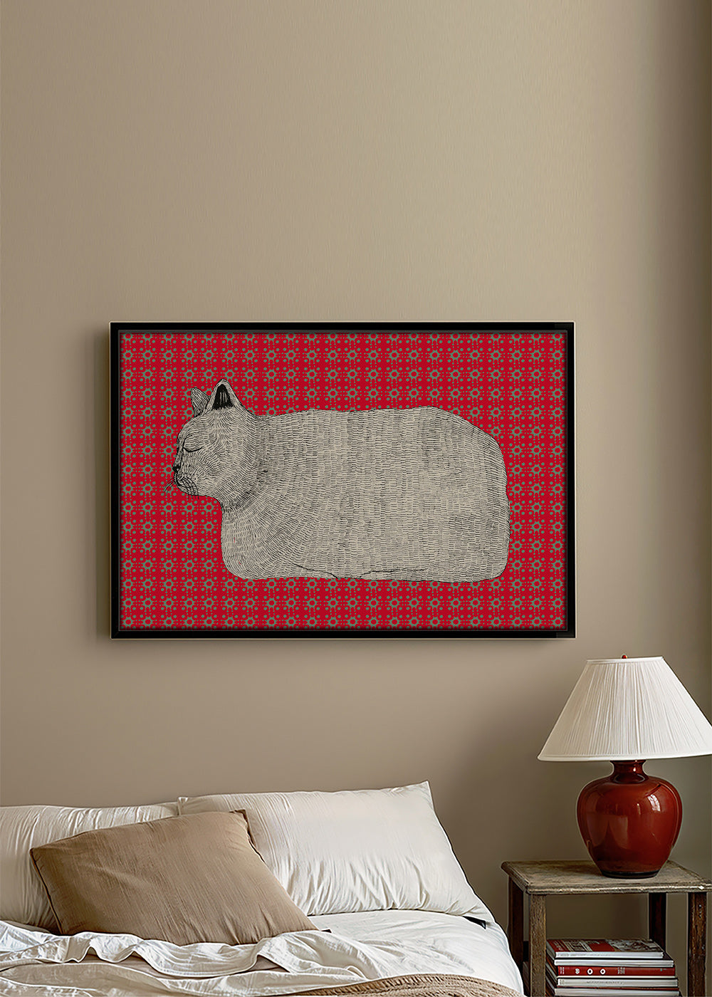 Cuadro gato en perfil sobre patrón rojo – Canvas1