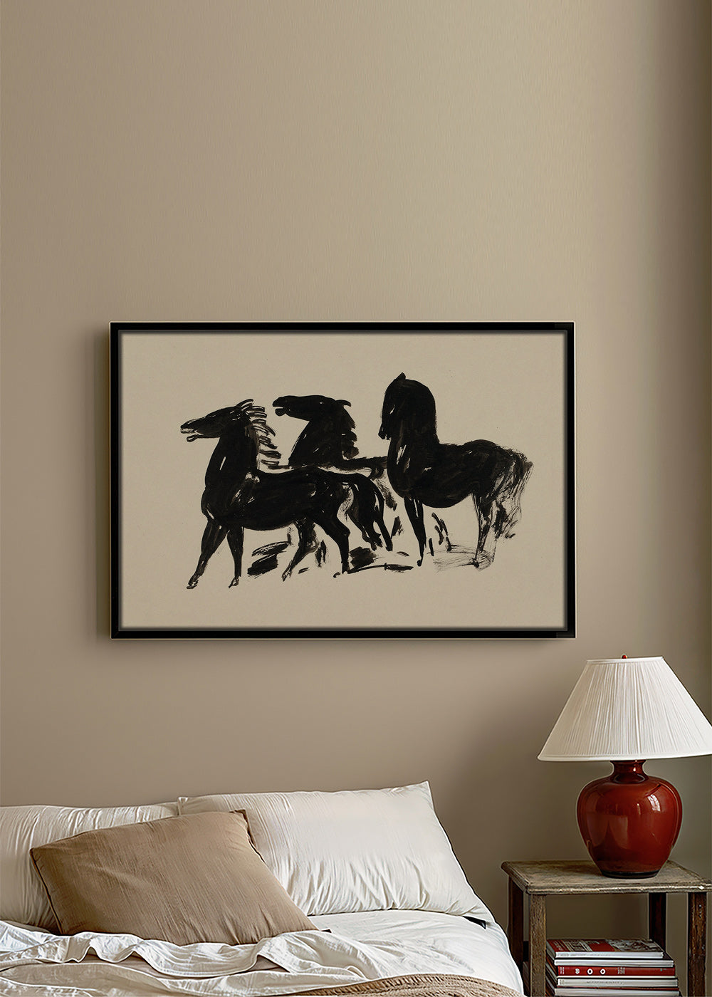 Cuadro tres caballos: dibujo en tinta gestual – Canvas2