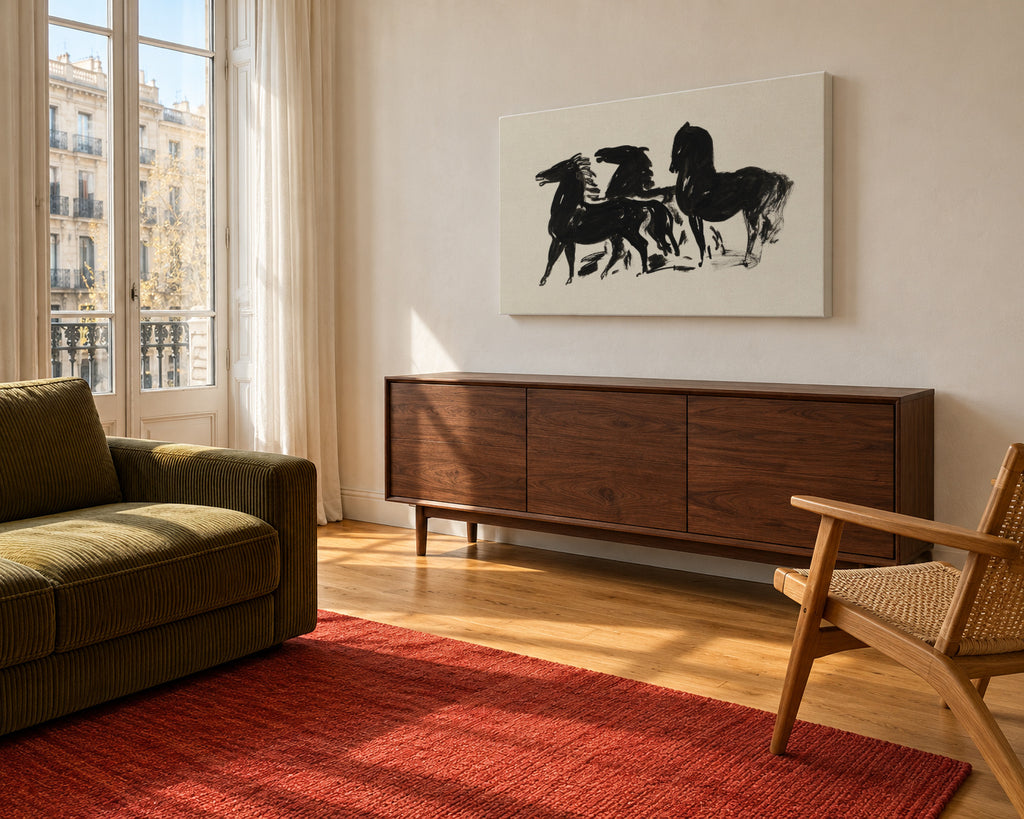 Drie Zwarte Paarden Staand Naar Links Kijkend - Unframed canvas in an interior