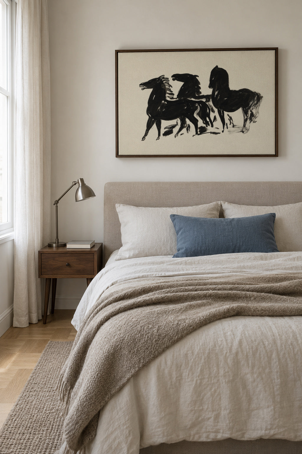 Drie Zwarte Paarden Staand Naar Links Kijkend - Framed canvas in an interior