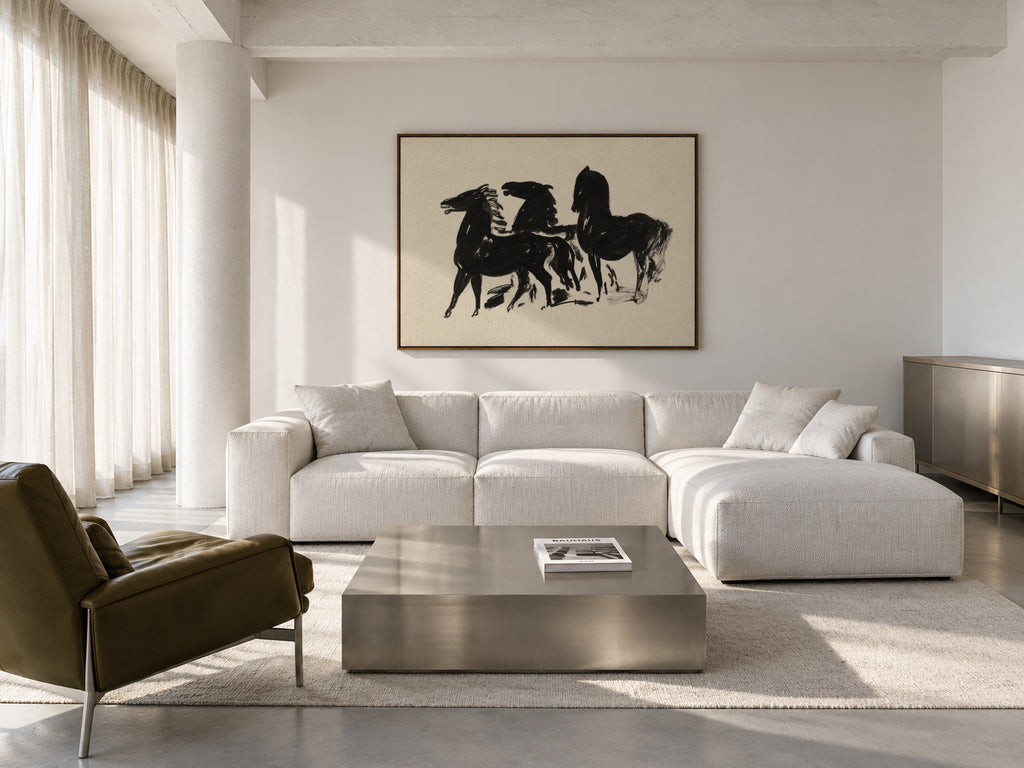 Drie Zwarte Paarden Staand Naar Links Kijkend - Framed canvas in an interior
