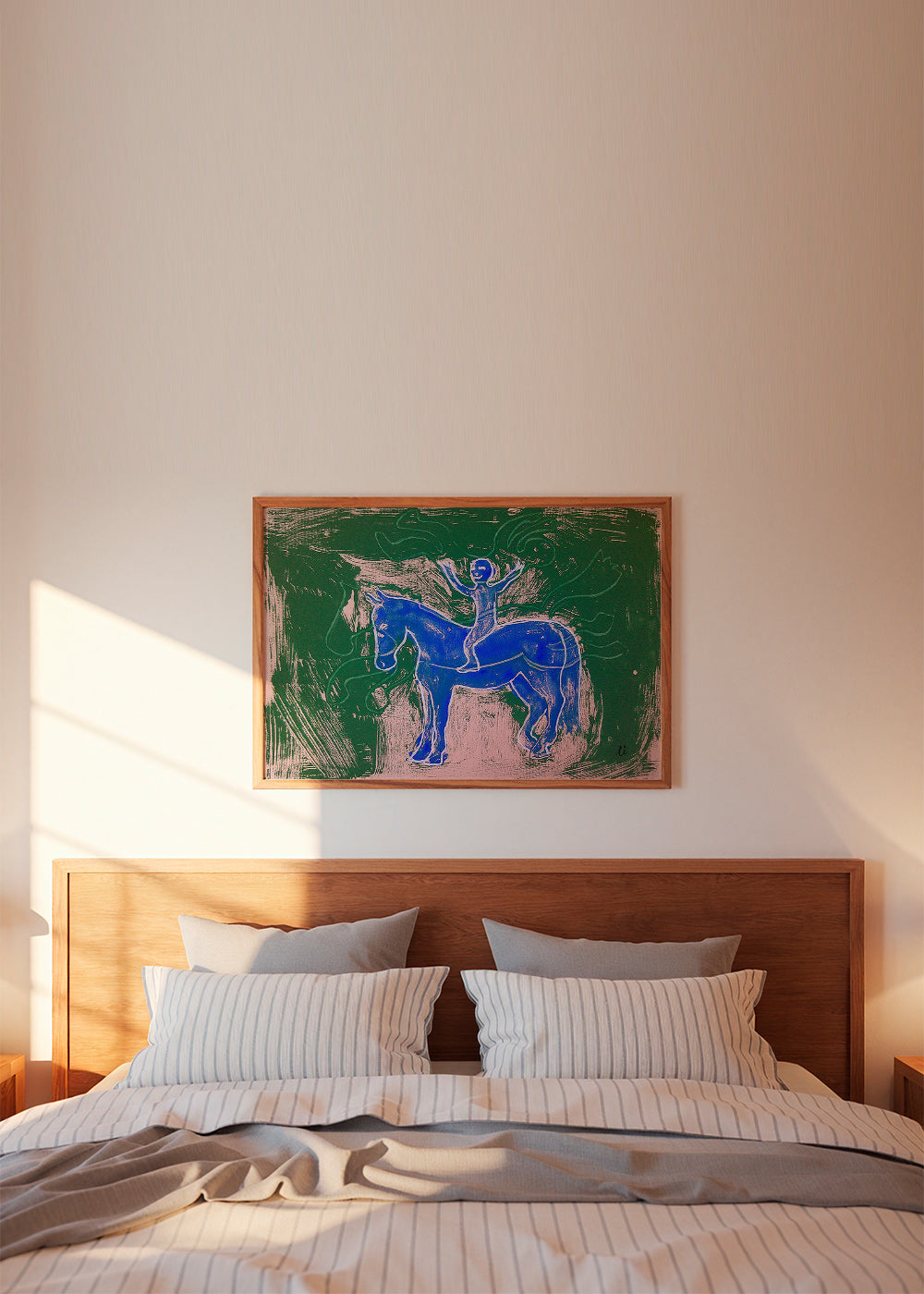 Cuadro caballo azul con jinete en fondo gestual – Product1