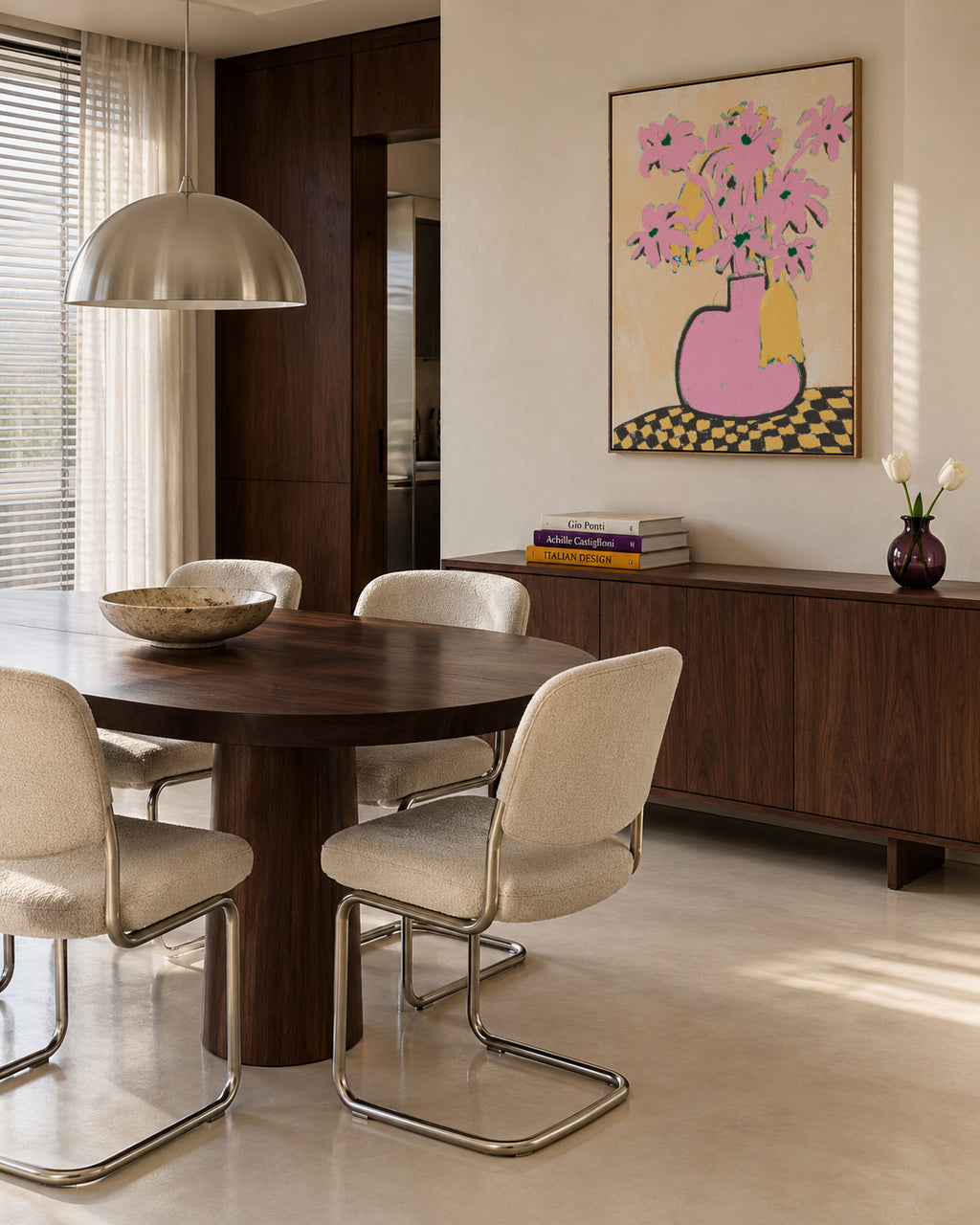 Pink Flowers In A Vase - Framed canvas in an interior